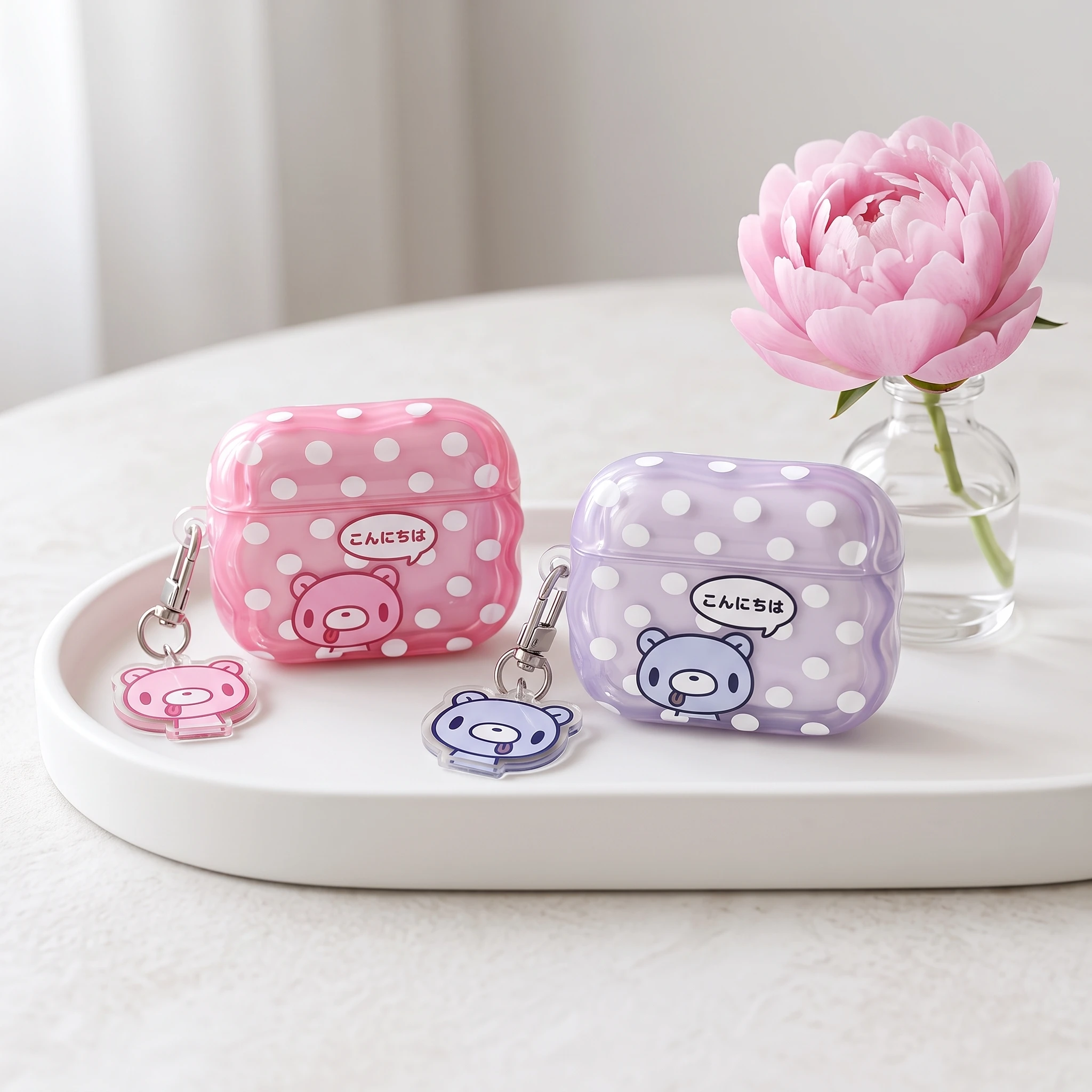 Polka Dot Cartoon Bear Earphone Case Transparent Wave Protective Cover With Matching Pendant Keychain