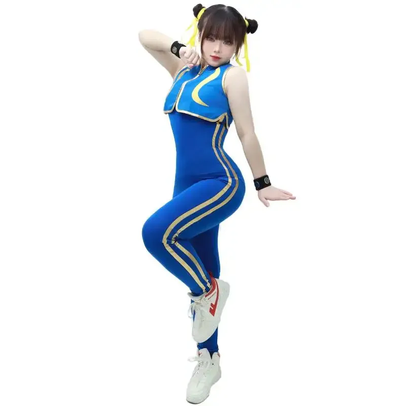 DAZCOS Games Li Costume Cosplay Tuta blu Gioco di battaglia Body Donna Ragazza Chun-Li Vestito con braccialetto e elastici per capelli sk;m1