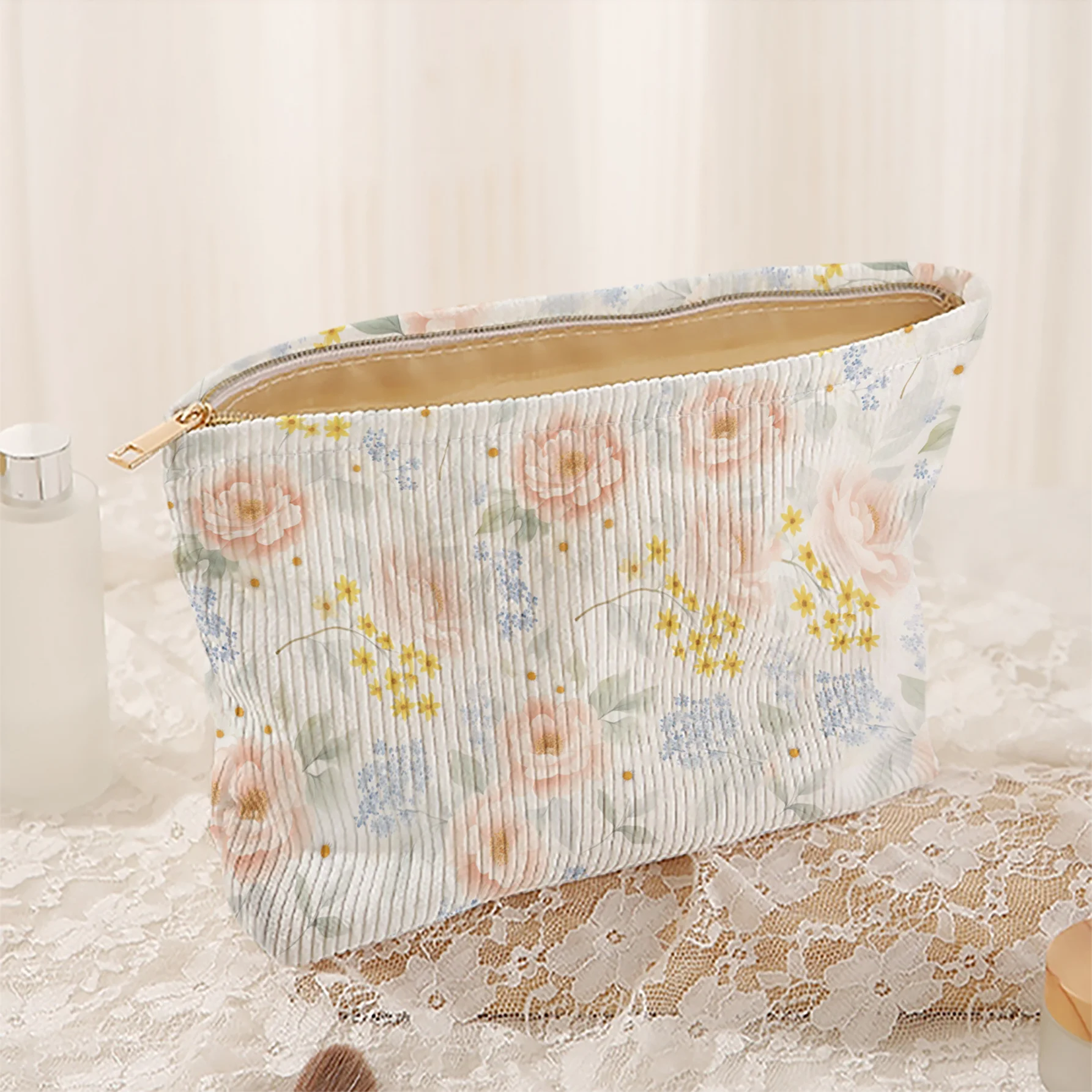 Makeup Bag Pink Floral 2D Print Friendly Corduroy Fabric Wear-Resistant Wrinkle-Resistant Three-Dimensional Capacity