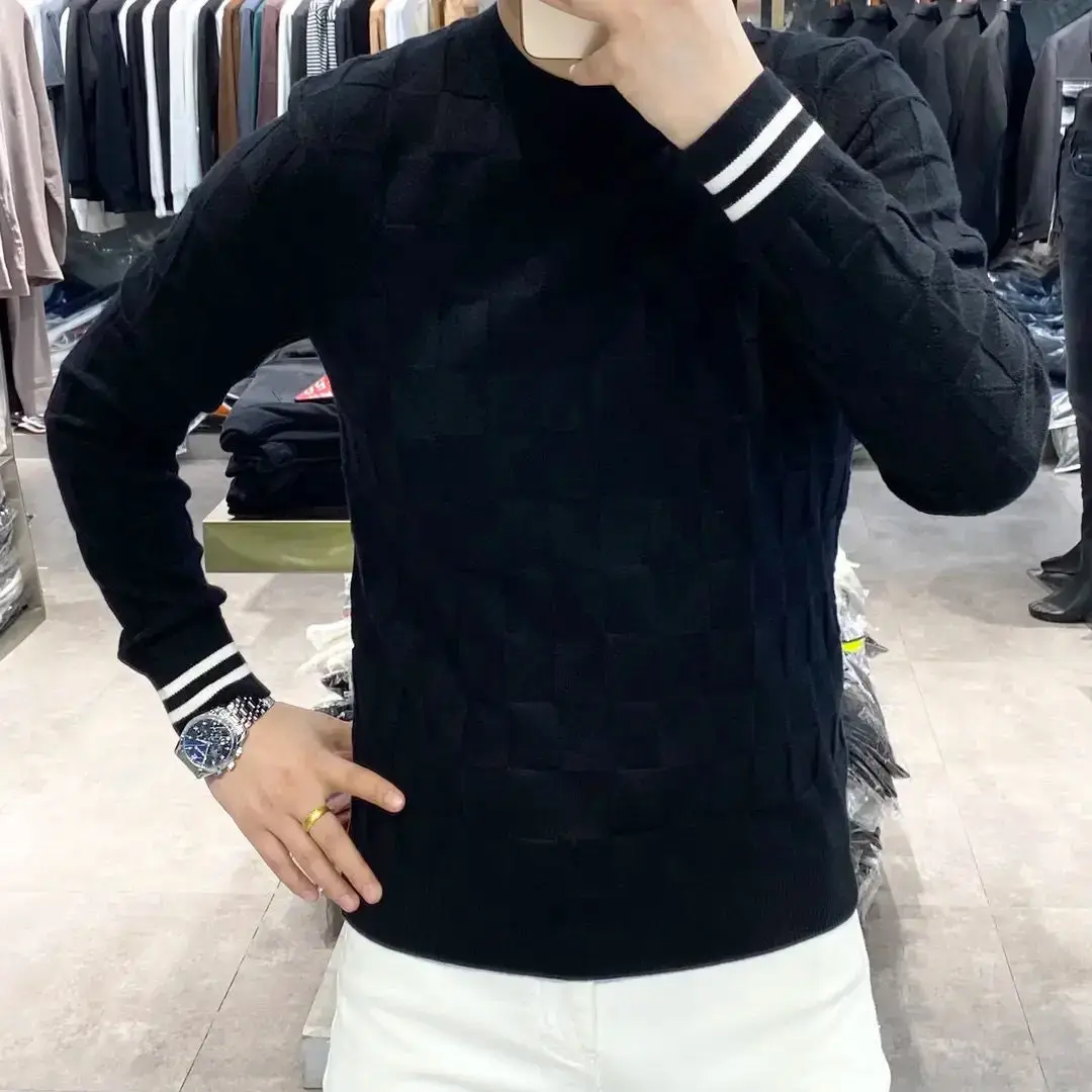 Spring Autumn Men's Knitted New Contrasted Color Casual Round Neck Sweater Base Fashionable Versatile Long Sleeve JJ695