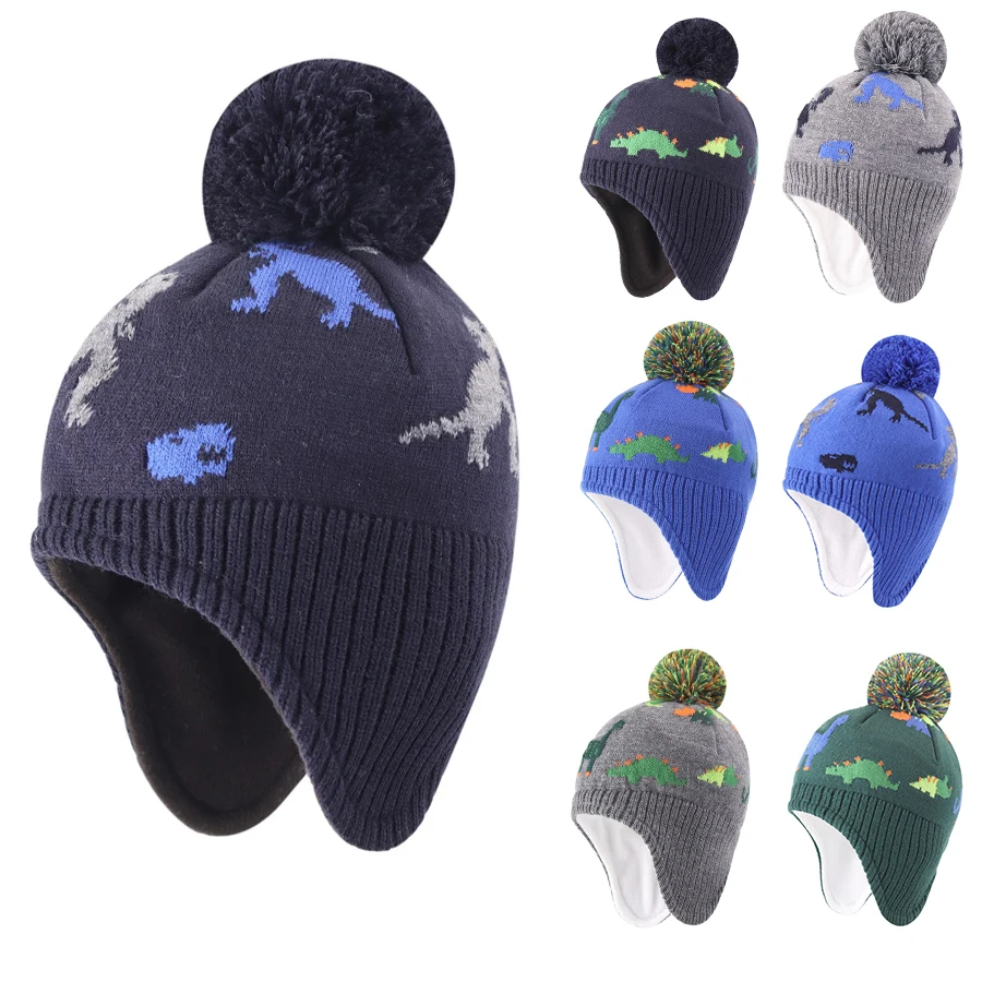 1pc Gestrickte Baby Hut Winter Warme Jungen Mädchen Dinosaurier Beanie Fleece Futter Kleinkind Kinder Hut mit Pompom
