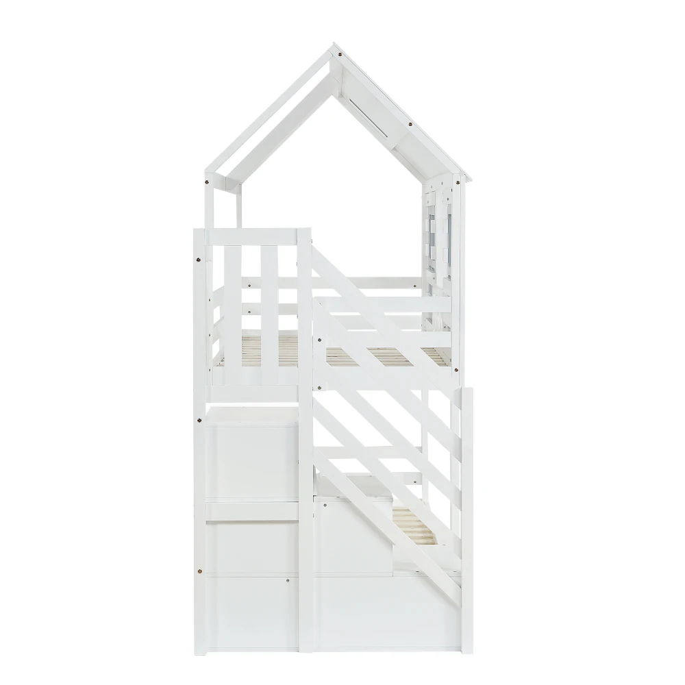PINGGO Weißgraues Etagenbett 90x200cm mit Dachfenster, Leiter, Fallschirmgitter und 3 Staufächern aus Kiefern-MDF, ohne Matratze – Detail 18