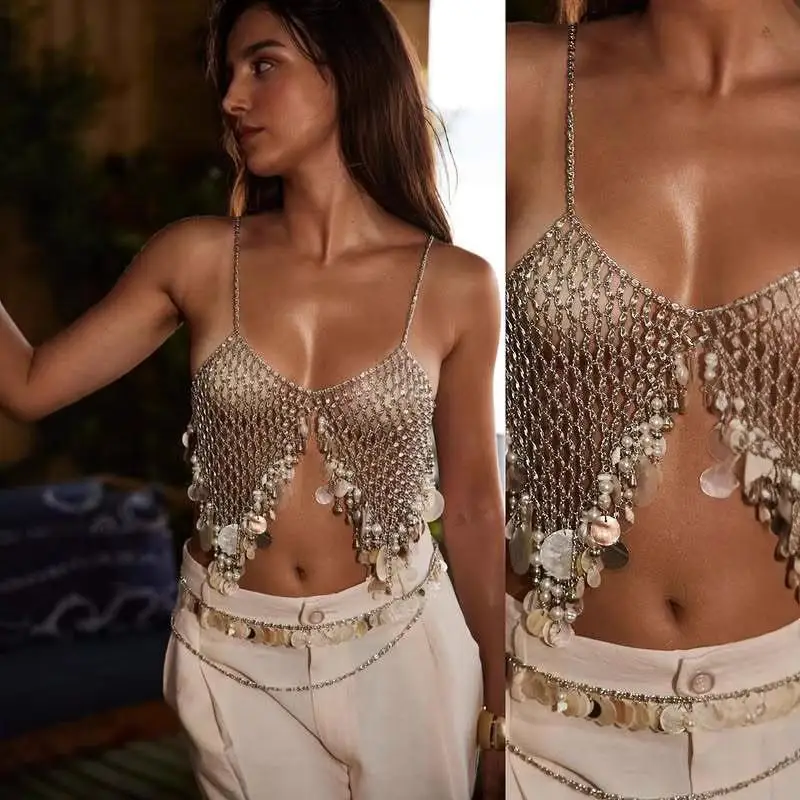 L6349Y Cross-Border Vest Alloy Pendant round Ring Sequin Tassel Body Chain Chest Chain Women's Fashion Short A-Line Vest
