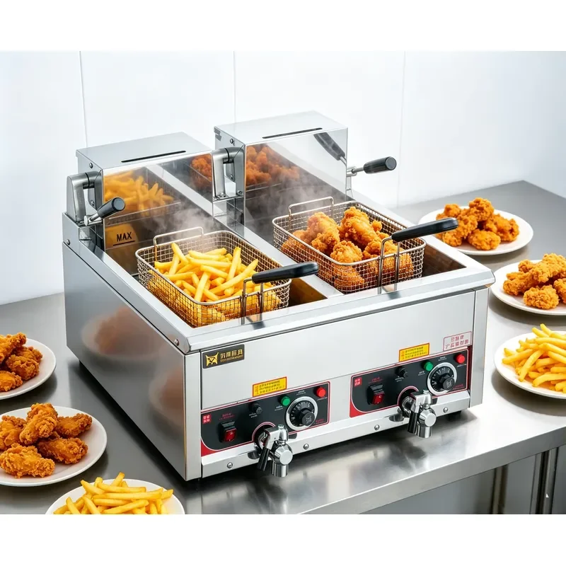 12L Commercial Electric Deep Fryer Double Tank Stainless Steel Countertop Chipper for French Fries Chicken Restaurant Kitchen