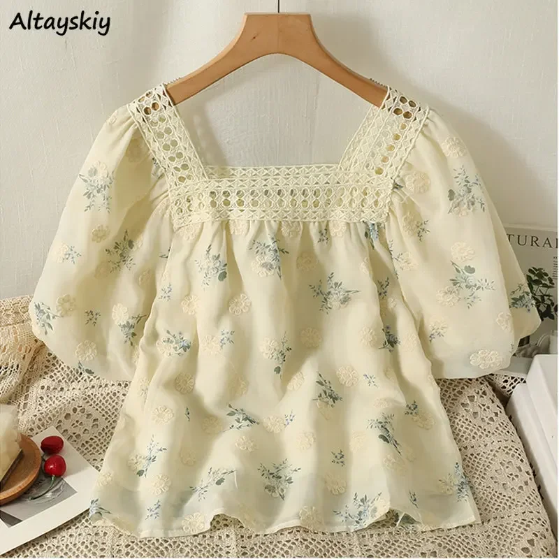 

Gentle Summer Blouses Women Loose Prairie Chic Printed Short-sleeve Sweet Vintage French Style Delicate Square Collar Aesthetic