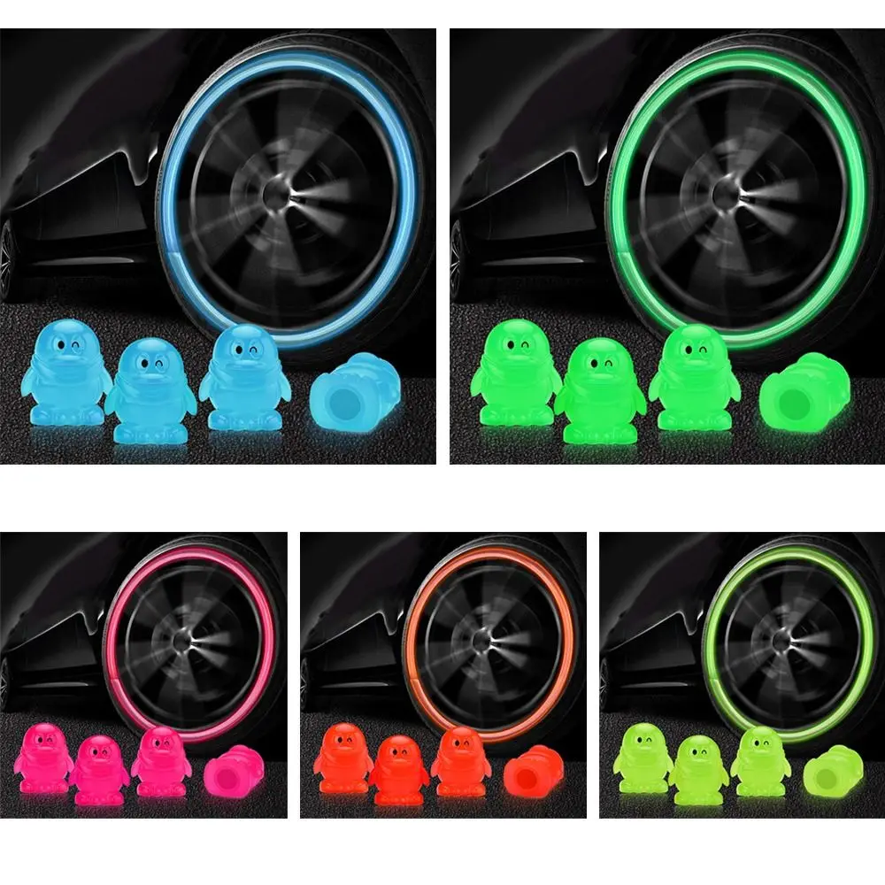 4Pcs Cartoon Penguin Luminous Tire Valve Caps Wheel Decoration Fluorescent Night Glowing Car Accessories Auto Styling