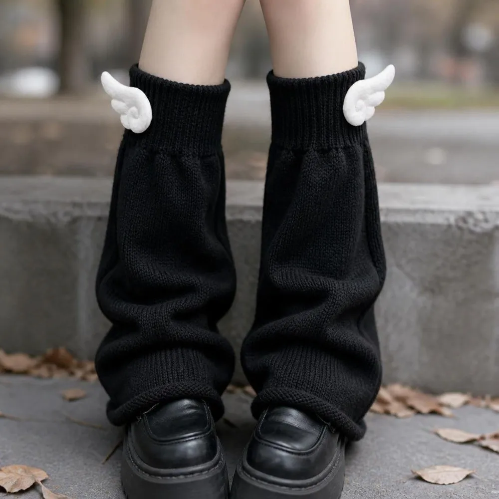Knit Fabric Wing Decor Leg Warmers Wide Calf Fit Calf Sleeves Design Flare Leg Warmers Flared Shape Soft Knit Texture