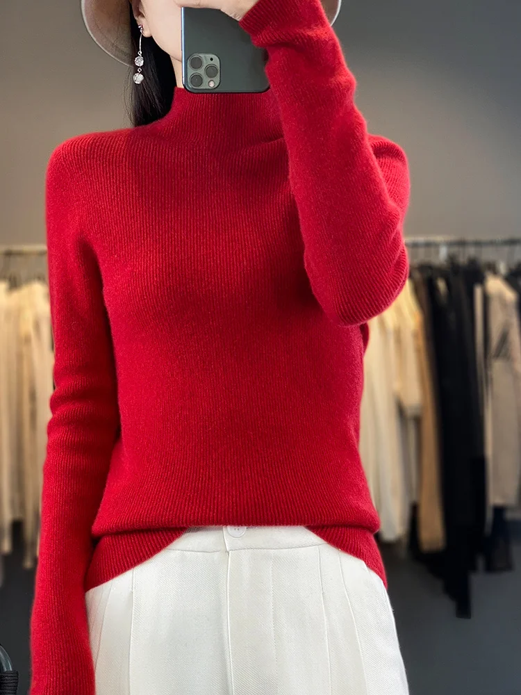 Spring Autumn 100% Merino Wool Sweater Pullover Women's Mock Neck Elegant Slim Solid Ribbed Knitwear Basic Long Sleeve Cashmere