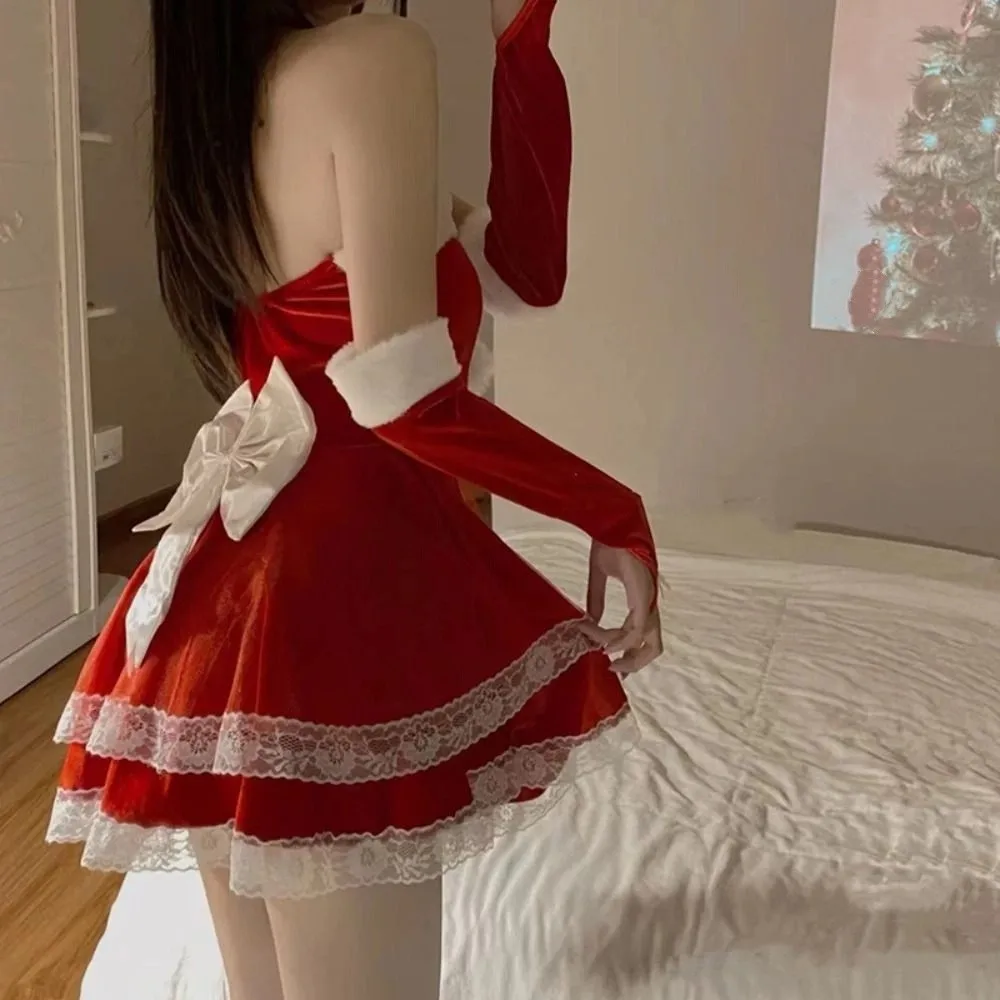 الملابس الداخلية Bowknot فستان عيد الميلاد شفافة السنة الجديدة منامة فستان البدلة جوفاء الحلو بروتيل ملابس نوم النساء