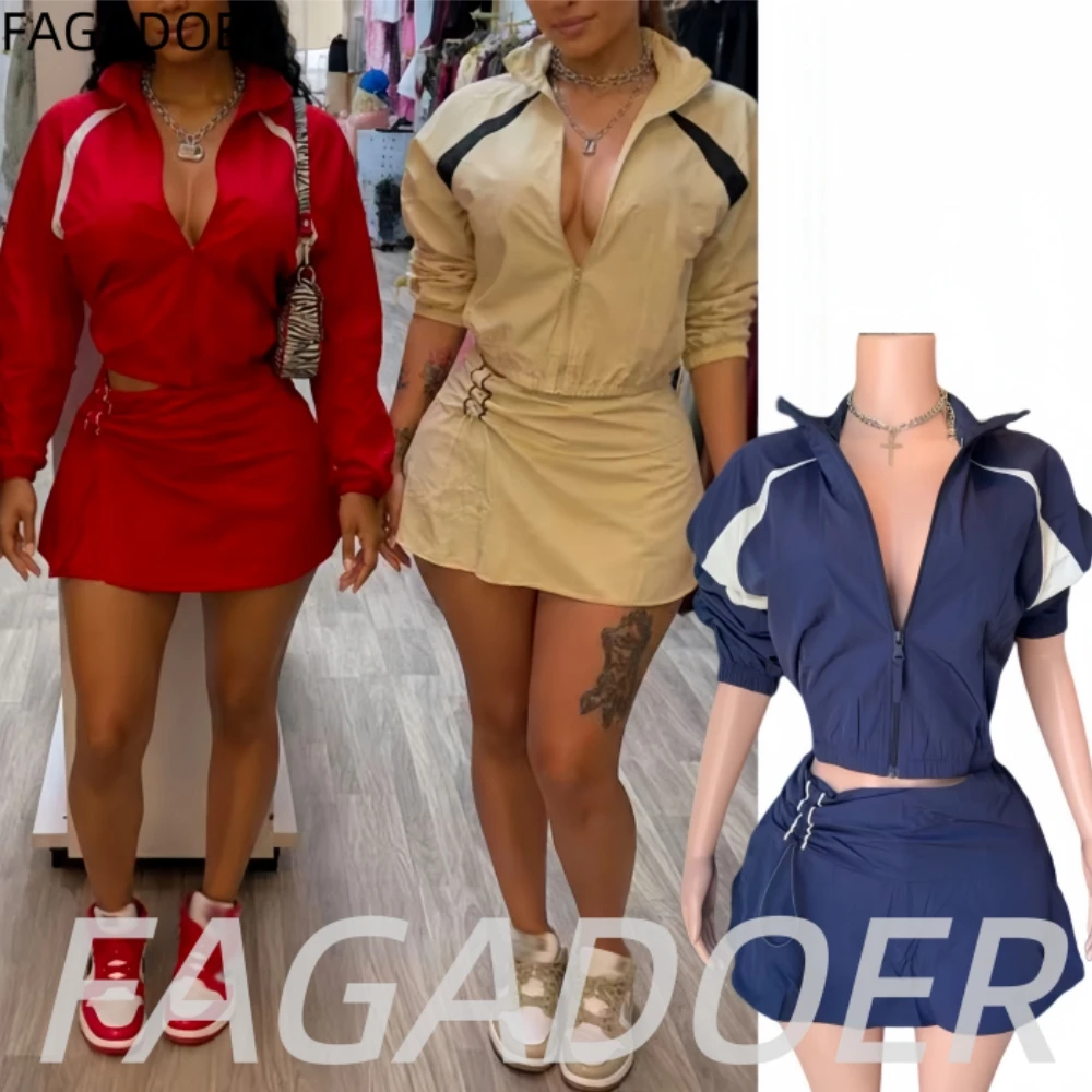 FAGADOER Casual Color Block 2 Piece Sets Woman Outfit Drawstring Ruched Patchwork Crop Top and Skirt Matching Female Streetwear image 2