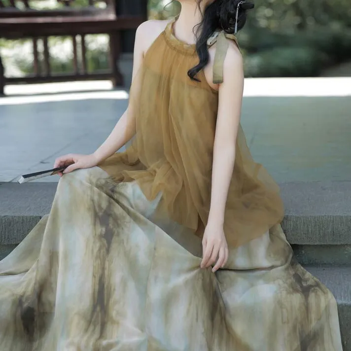 

Потрясающее летнее женское платье миди с V-образным вырезом, эффектом тай-дай и вставками, модное, без рукавов