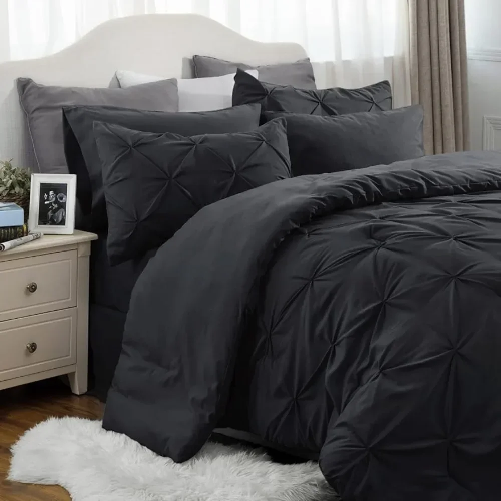 

King Size Duvet Set - Cal King Set 7-Piece Bed Set, Pinch Pleated Black Kalit King Bed Set