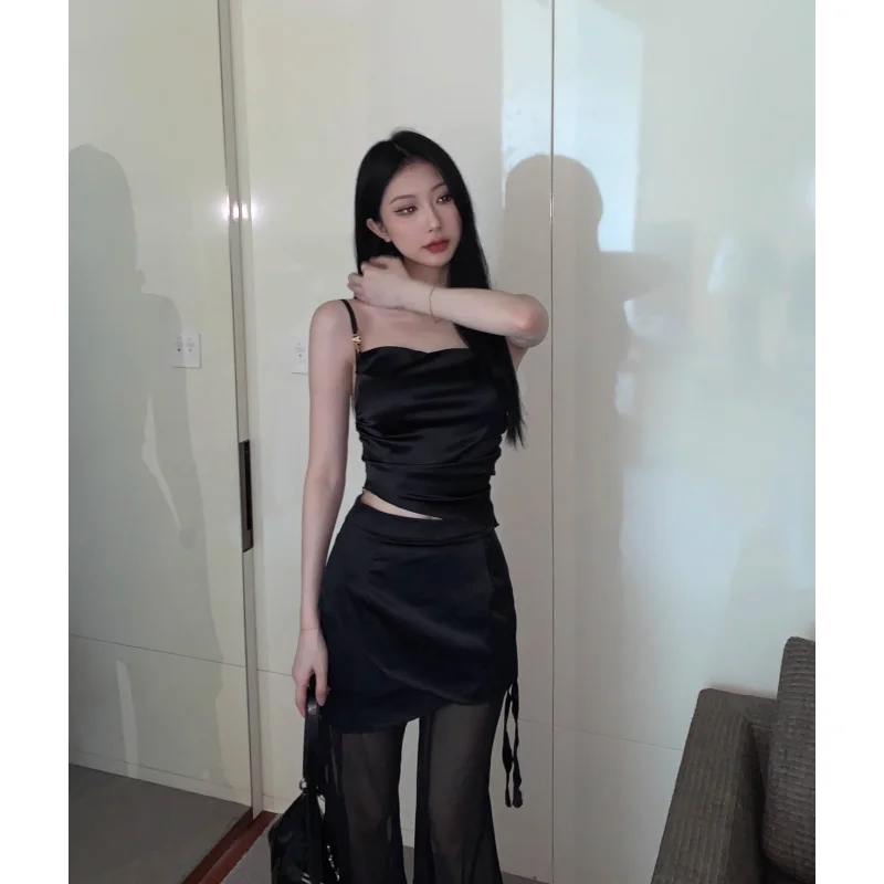 Women Black Casual Pants Vest Vintage Y2K Style Simple Fashion Straight Thin Wide Leg Pants Female 2023 Summer Solid Trouser