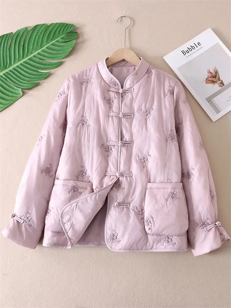 

Pink Purple Lace Quilted Jacket Embroidery Flower New Chinese Style Thin Cotton Clothes Women's Retro Stand Collar Coat A707