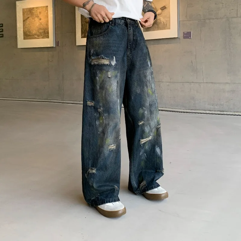 

2026 весна осень зима новые повседневные потертые рваные джинсы с граффити мужские модные американские прямые брюки