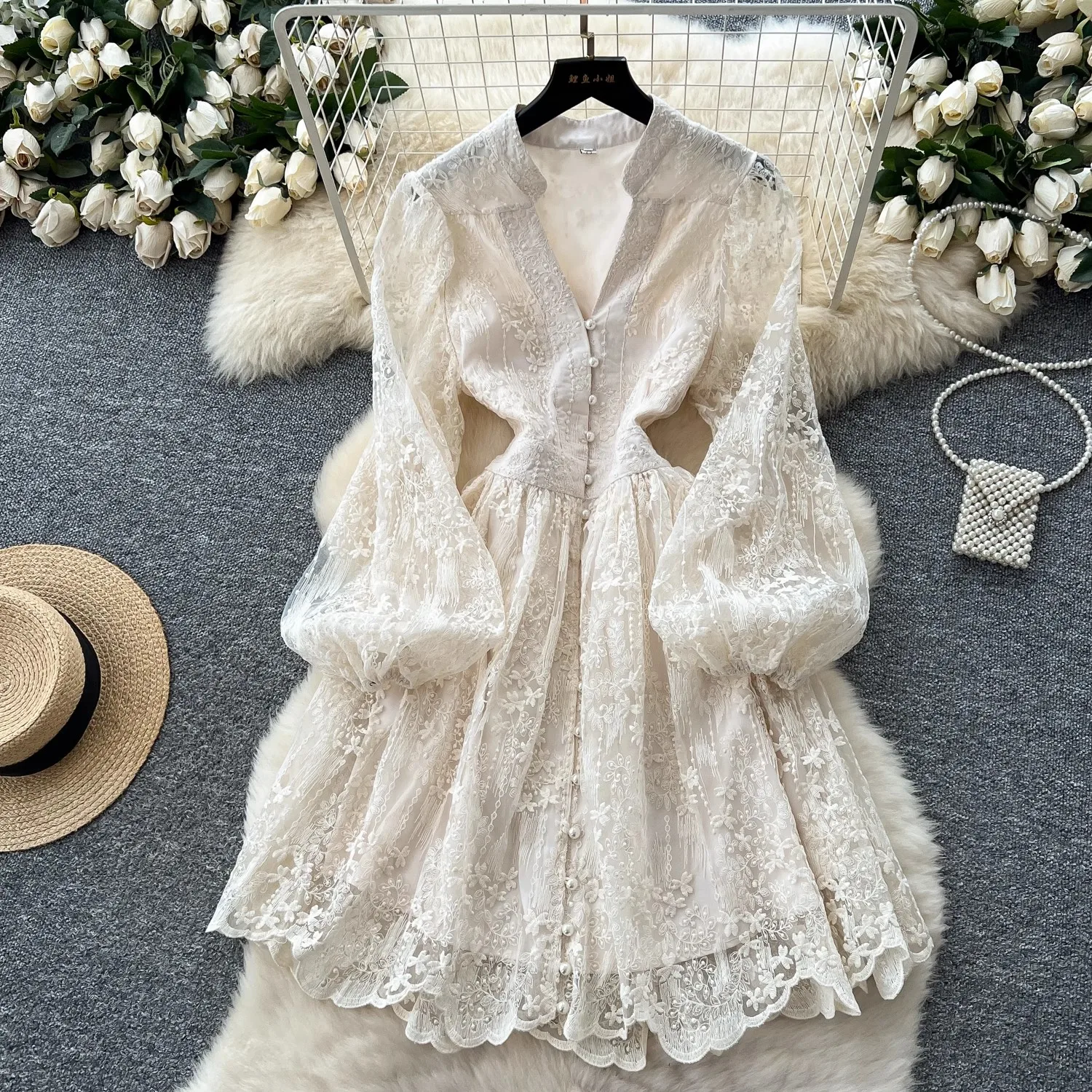 

Elegant Embroidery Lace Formal Dress Women Summer Autumn Palace Style Single Breasted Pearl A Line Short Prom Evening Dresses