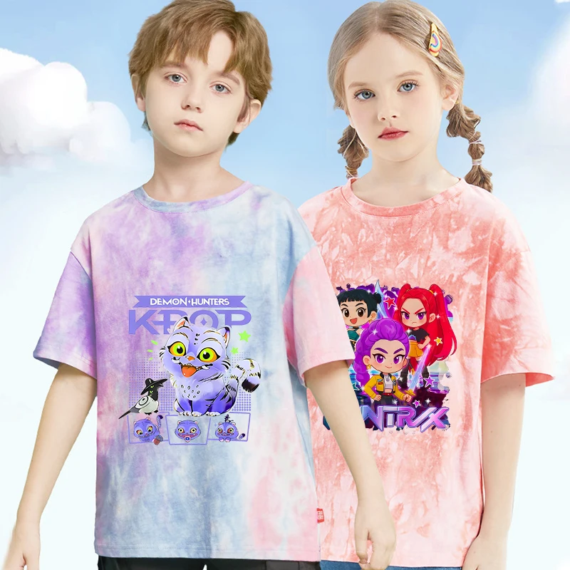 

KPop Demon Hunting Series, летняя детская футболка, популярная одежда с фильмами для мальчиков и девочек, трендовые футболки с короткими рукавами и крашением, милый подарок на день рождения