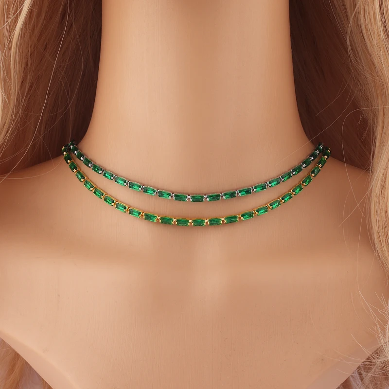 Sexy Choker Tennis Chain Necklace For Women Luxury Green Cubic Zircon Diamond Short Iced Out Hip Hop Neck Accessories Jewelry