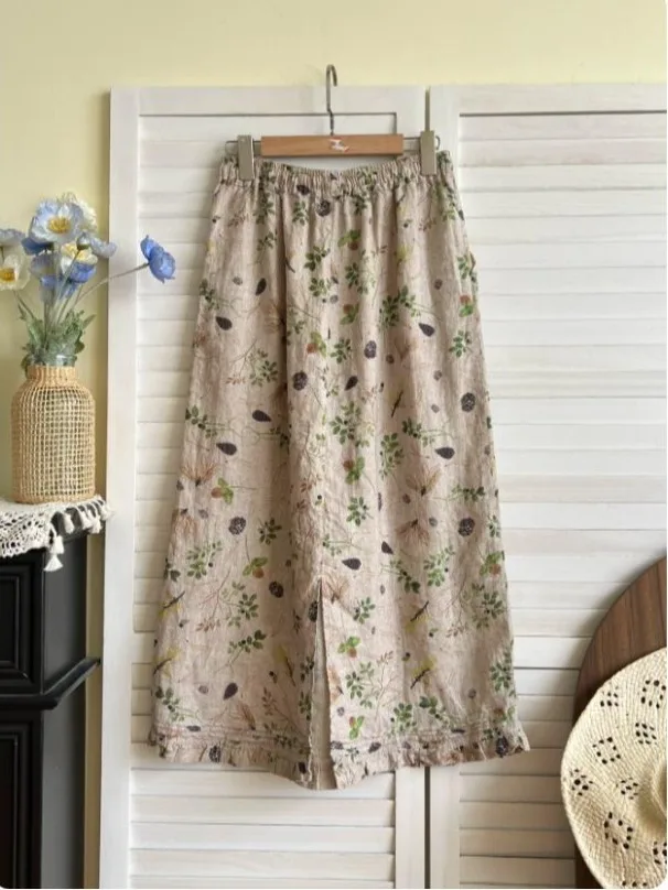 Retro Floral Cotton Linen Half Skirt Women Summer Elastic Waist Draped Wooden Ear  Split Linen Straight Leg Skirt