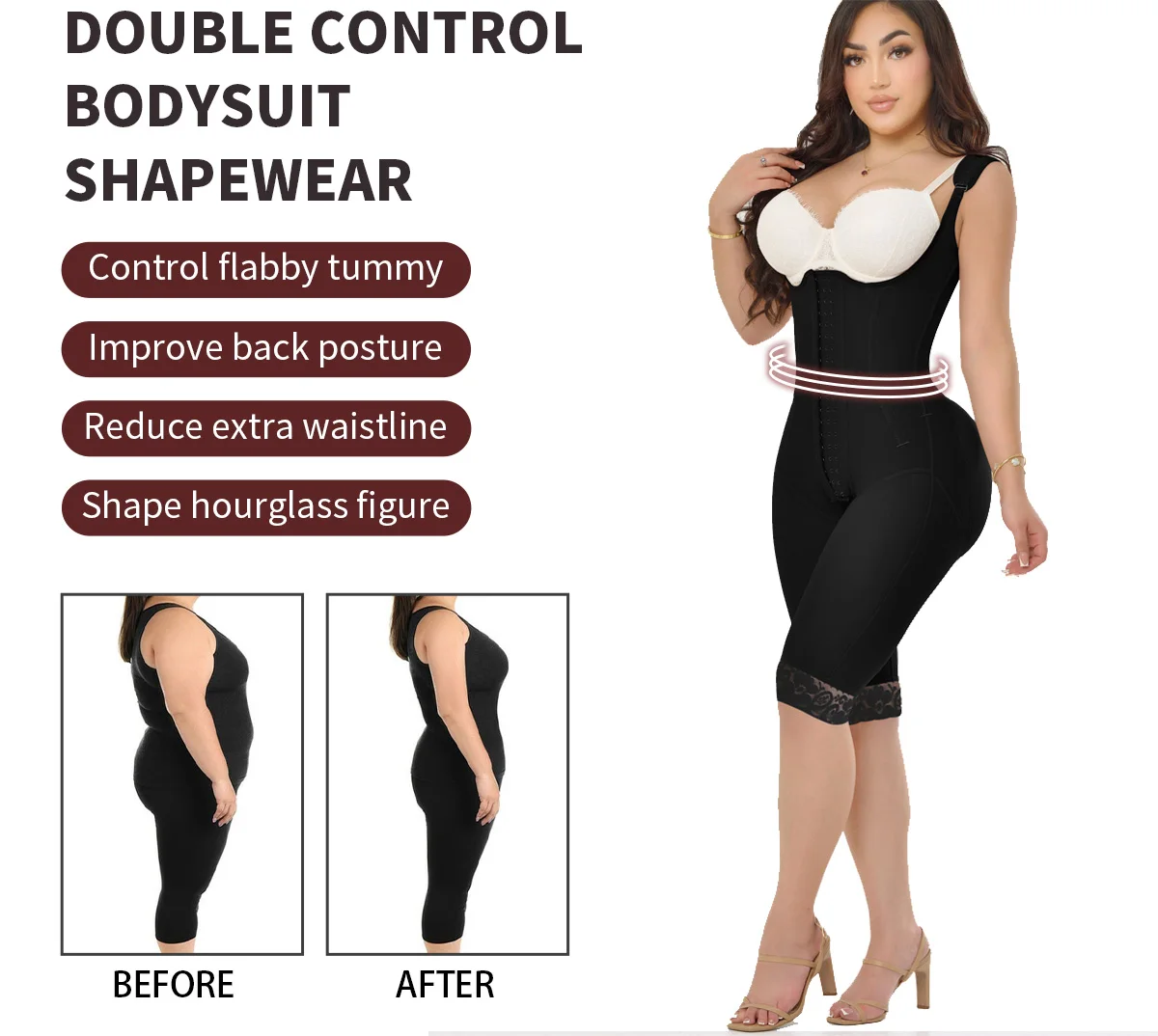 Fajas Colombian Girdle Women Postpartum Waist Trainer Shapewear  Corset Wide Shoulder Straps Crotch Zipper Body Sculpting Sheath