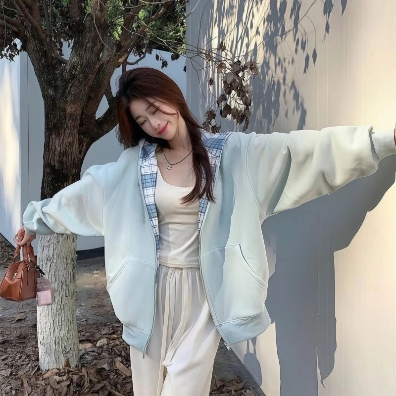 Women's 2026 Korean Style Checkered Spliced Loose Fit Zipper Coat Thick Hooded Long Sleeve Sweatshirt Autumn Winter Chic