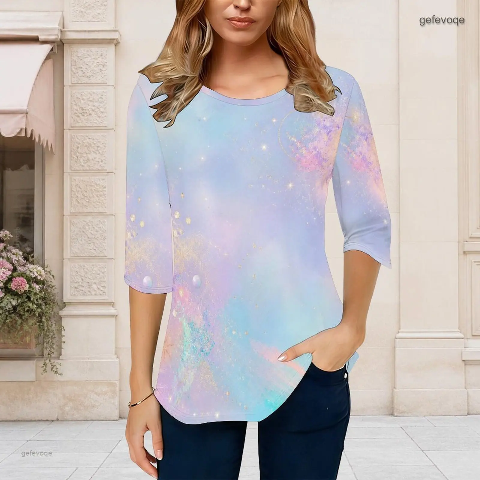 Women Pastel Galaxy Glitter Printed Round Neck 3/4 Sleeve Curved Hem Top