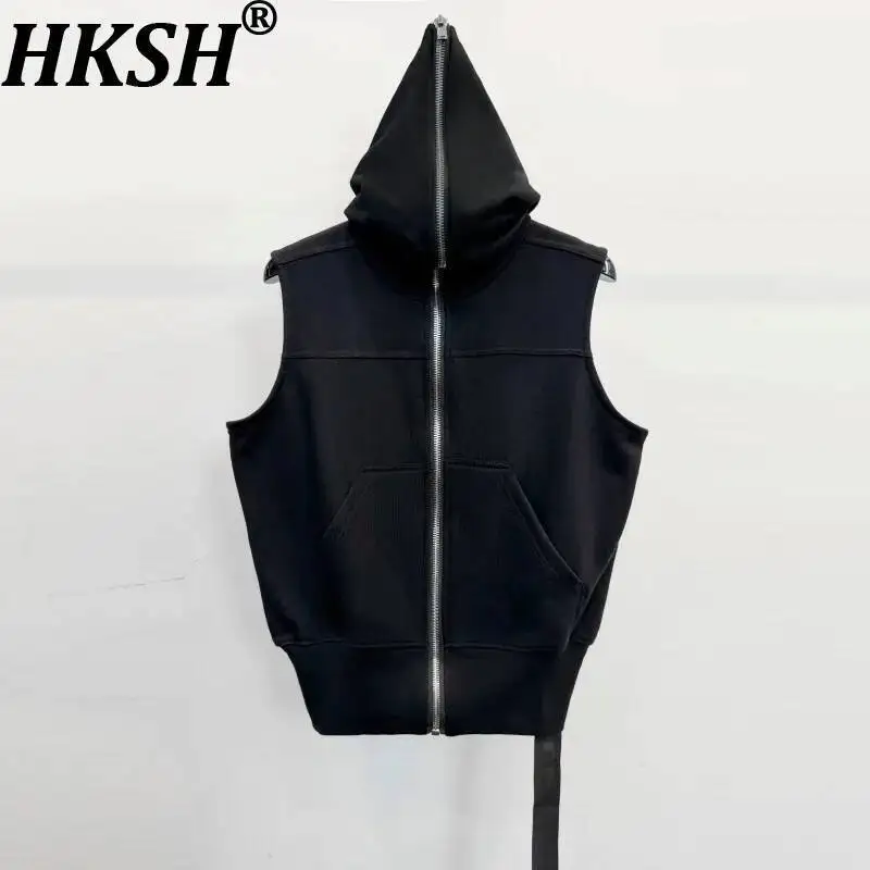 

HKSH 2026 Spring Summer New Dark Hooded Sleeveless Vest Tank Top Casual Metal Zipper Waistcoat Unisex Waistcoat Ins Punk HK24149