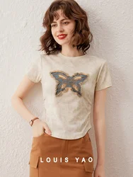 LOUIS YAO Women Tee Fashion Butterfly Washed Embroidery Summer T-shirt 2024 Casual O Neck Short Sleeve Slim Fit Pullover Top