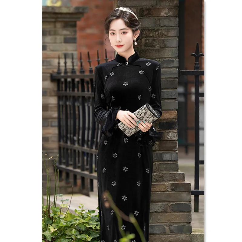 

Fashion Improvement Young Long Style Sleeve Velvet Cheongsam Qi Pao Autumn New Daily Wearable