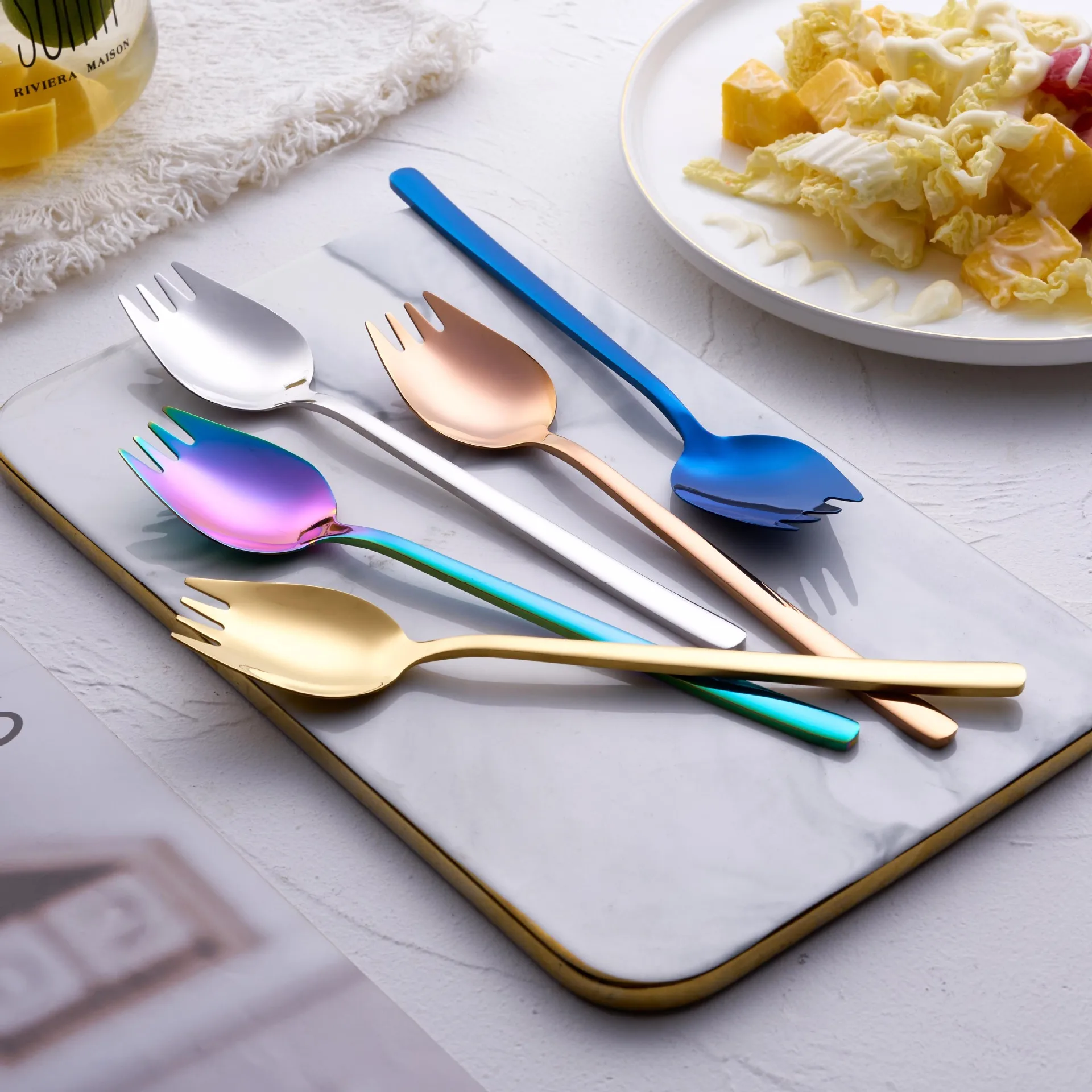 Stainless Steel Fruit Fork Dessert Forks for Cake Snack Salad Fork Spoon 2 In 1 Colorful Long Handle Fork Spoon DH48