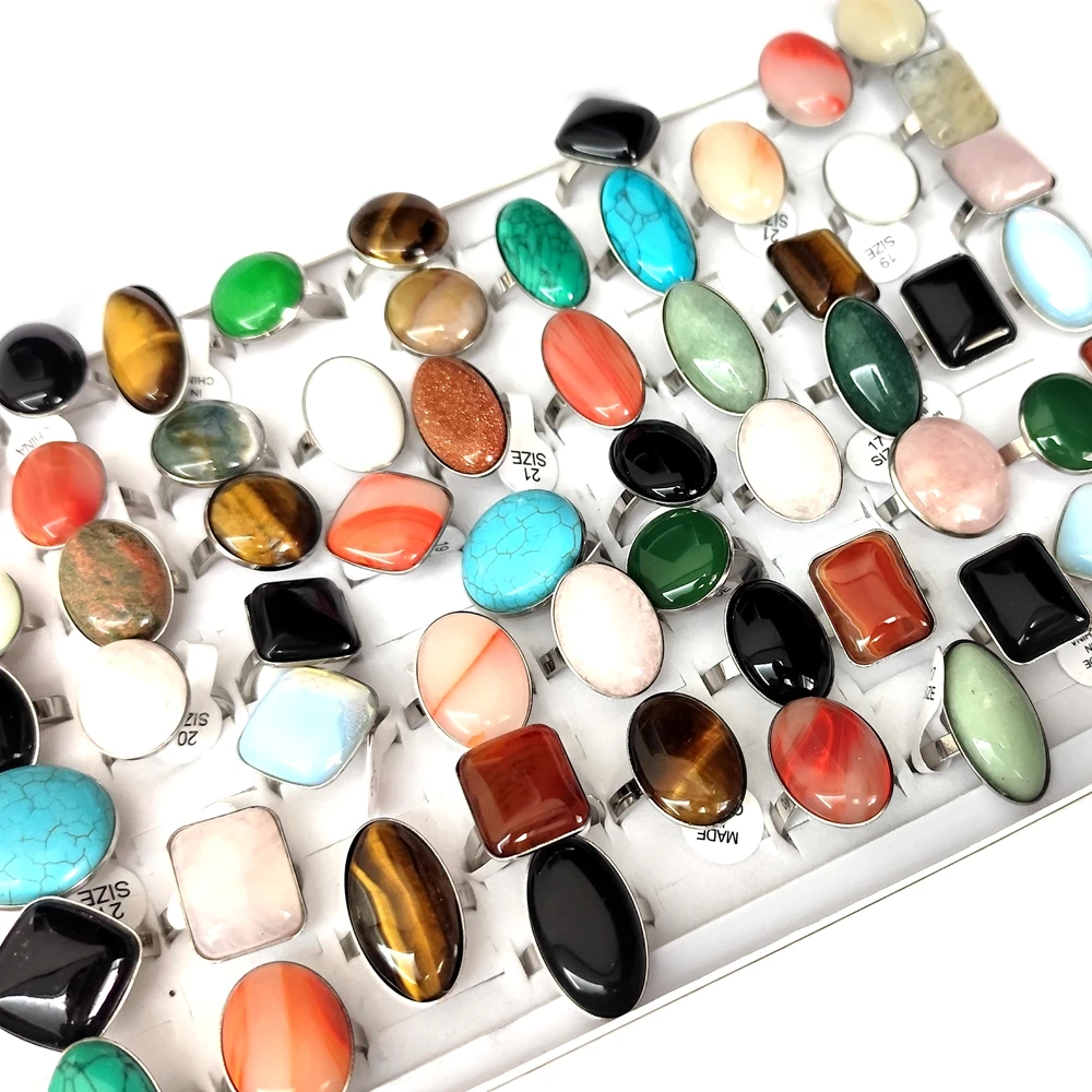 20 Stück/Los Großhandel Gemischte 316L Edelstahl Ringe mit Großen Natursteinen, Ovale und Quadratische Opal-Cabochon-Ringe, Party-Schmuck – Detail 9