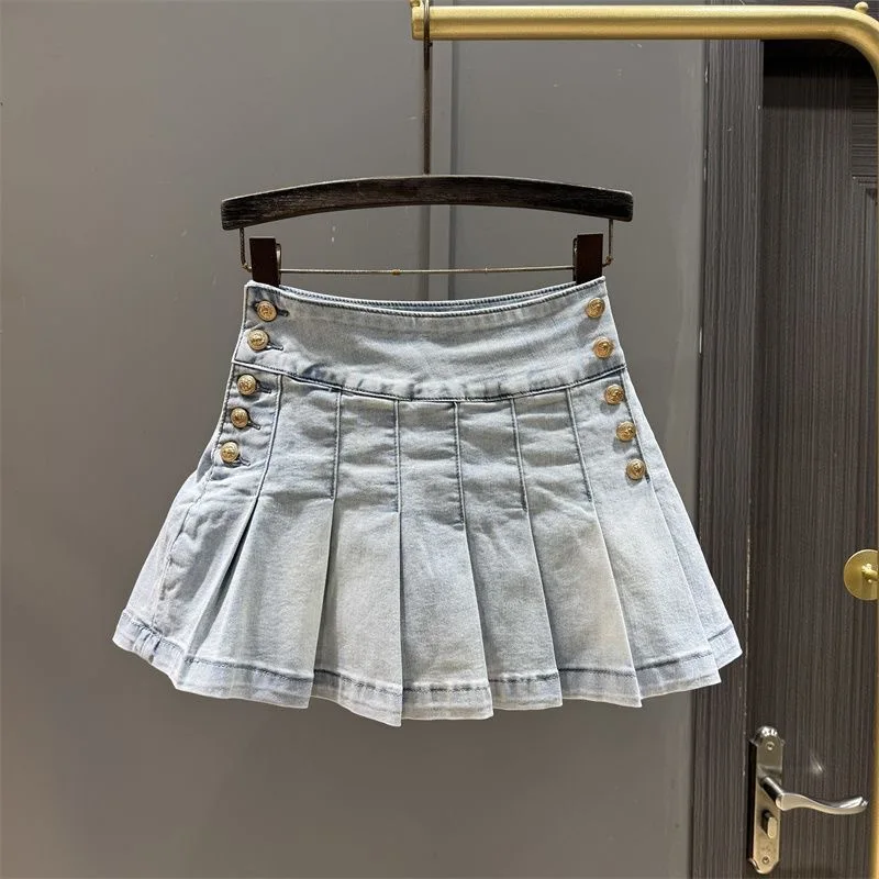 

girls denim pleated short skirt 2025 summer autumn Korean buckle high waist A-line skirts vintage kids clothes 3 to 16 yrs