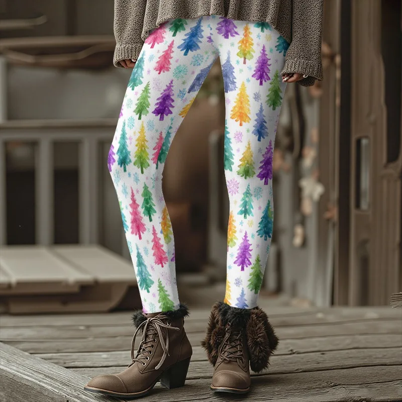 Bunte hässliche weihnachtliche gemütliche Winter-Thermo-Leggings für Frauen, festliche nordische Strumpfhosen mit Rentier-Schneeflocken-Baum-Muster – Detail 7
