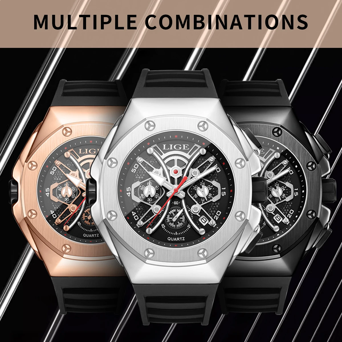 LIGE-Men ساعة كوارتز سيليكون مقاومة للماء ، كرونوغراف رياضي ، عسكري ، عمل ، علامة تجارية مشهورة ، فاخرة ، موضة جديدة