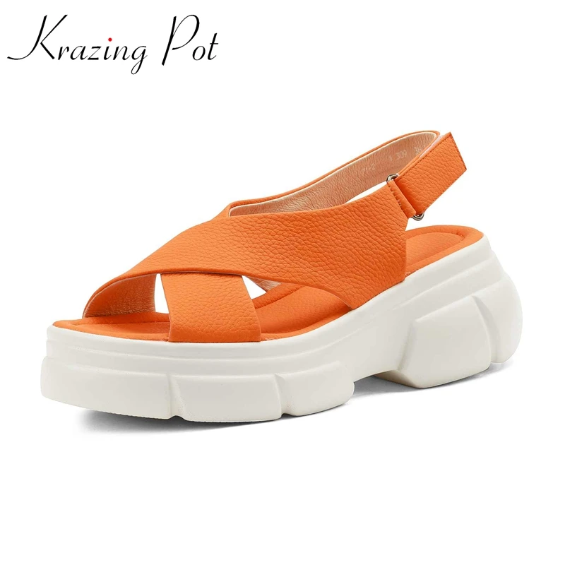 

Krazing Pot Genuine Leather Peep Toe High Heel Thick Bottom Waterproof Concise Style Solid Comfortable Basic Women Sandals L7f3