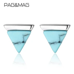 PAG&MAG Solid 925 Sterling Silver Triangle Natural Turquoise Stud Earrings For Women Wedding Bridal Female Fine Jewelry Gift
