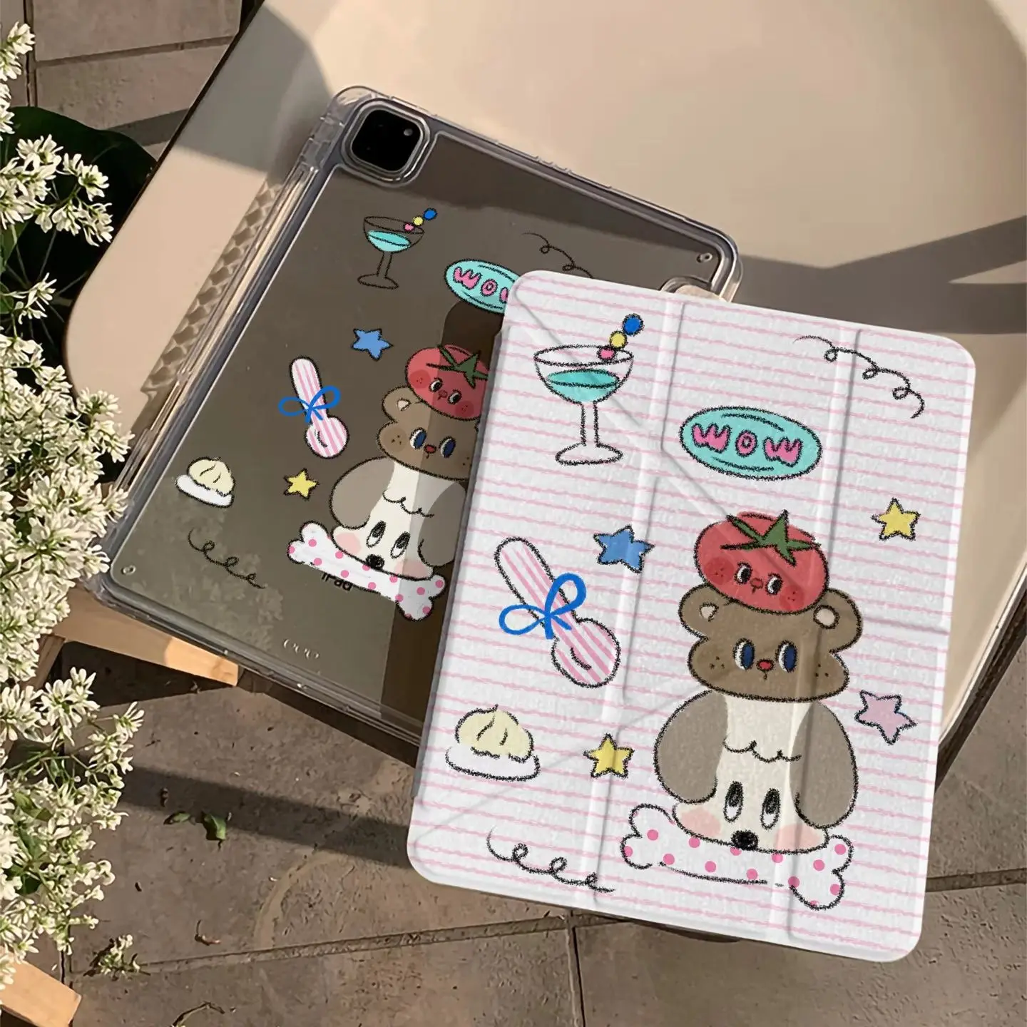 Cute Tomato Puppy Pink Stripes Y2K Tablet Case For iPad Pro 11 12.9 13 A16 M2 M4 M3 M5 5/6/7/8/9/10/11th Mini Air 3 4 5 6 Cover