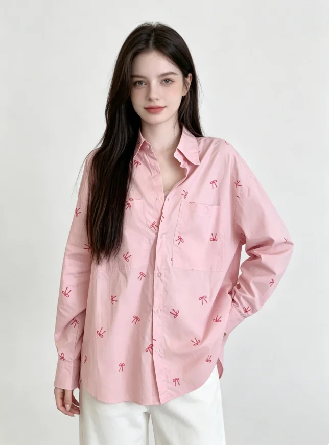 

Women's Pink Bow Print Blouses and Shirts Elegant Long Sleeve Blouse Top Vintage Fashion Polo Shirt for Women Spring Autumn 2026