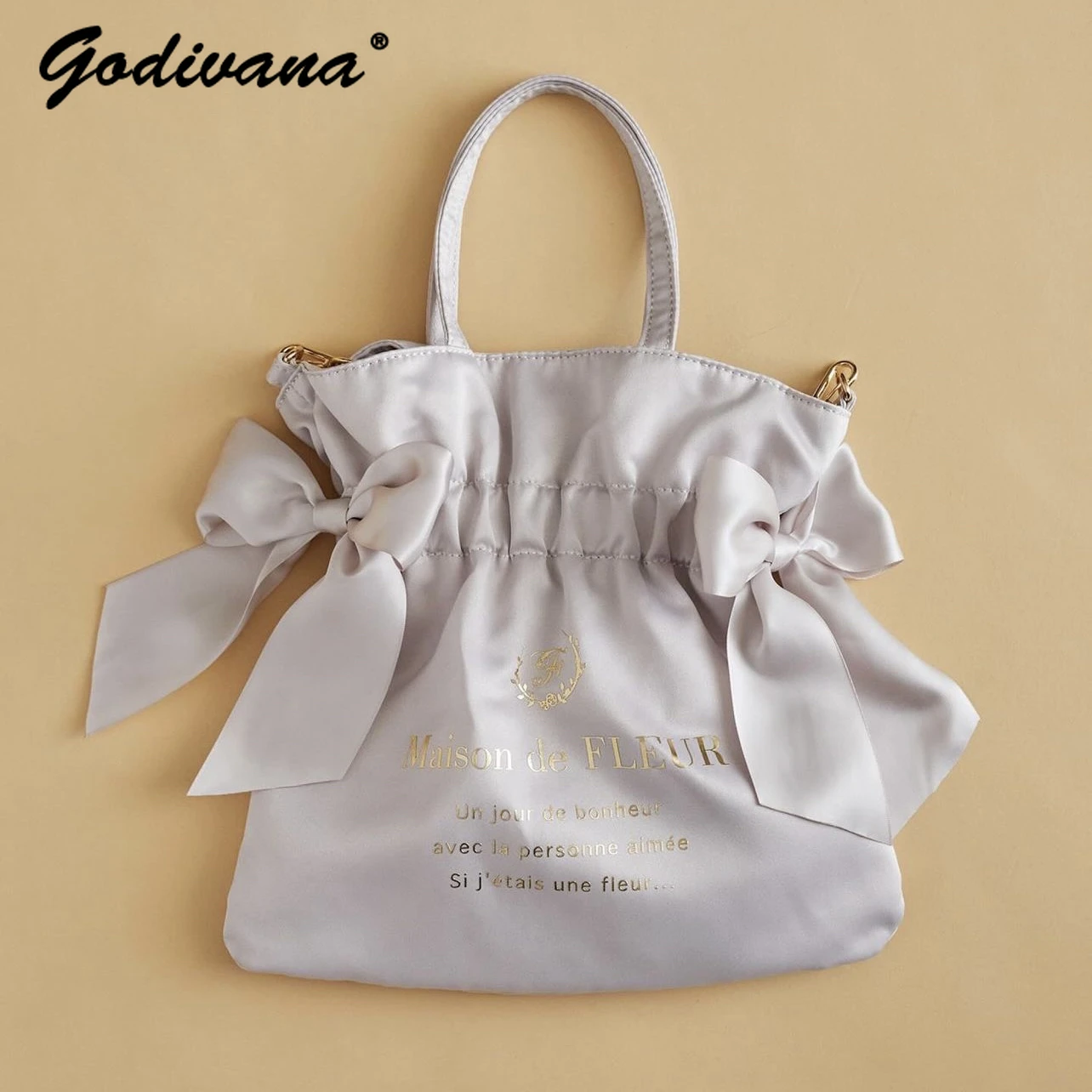 Japanese Style Cute Satin Silk Double Bow Messenger Bag Bronzing Letters Drawstring Shoulder Bag Girl Women\'s Soft Handbags