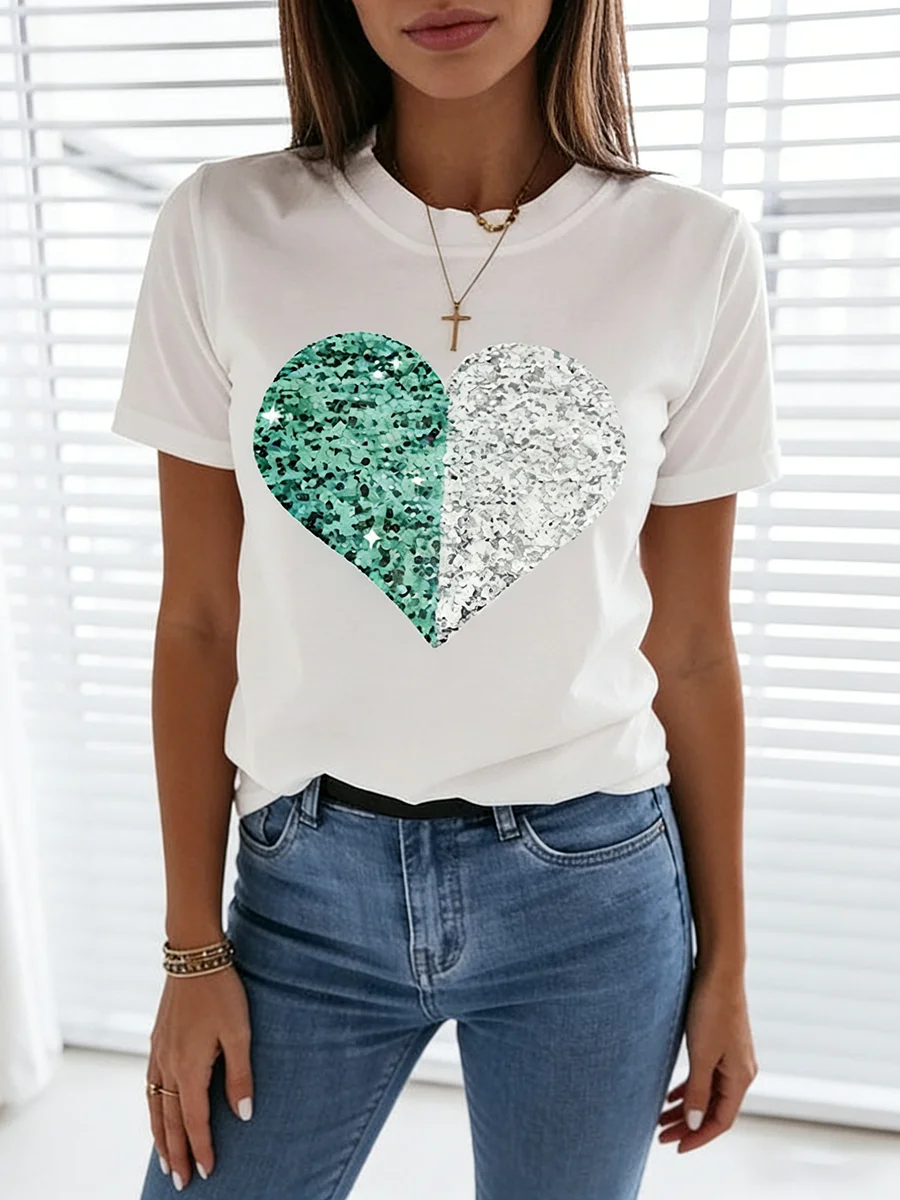 Women's T-Shirt Spring Summer White Green Silver Sequin Heart Print Crew Neck Short Sleeve Regular Fit Casual Daily Top
