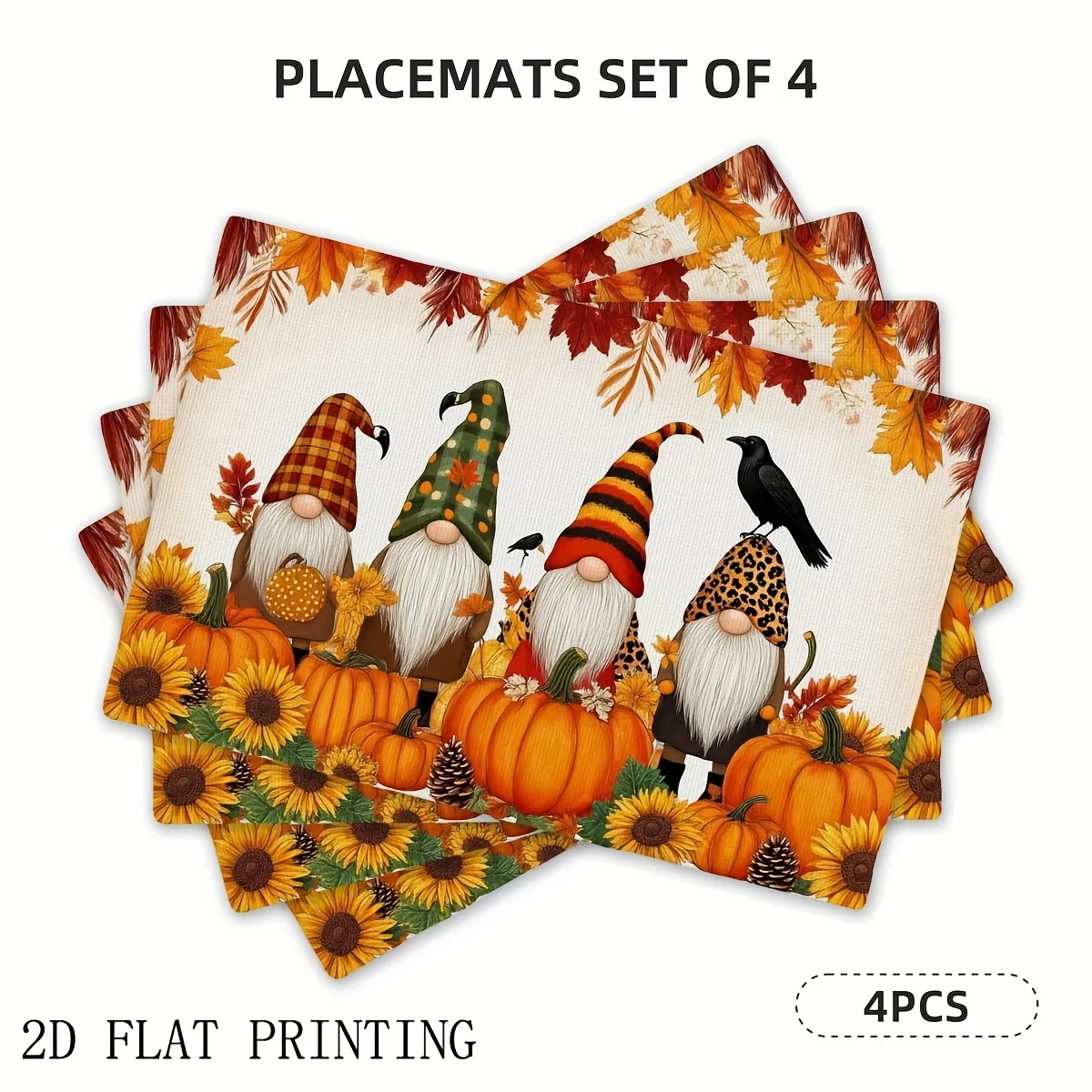 

4pcs/6pcs Autumn Gnome Pumpkin Placemats - Linen Fall Harvest Design with Gnomes, Pumpkins & Sunflowers, Perfect for Thanksgivin