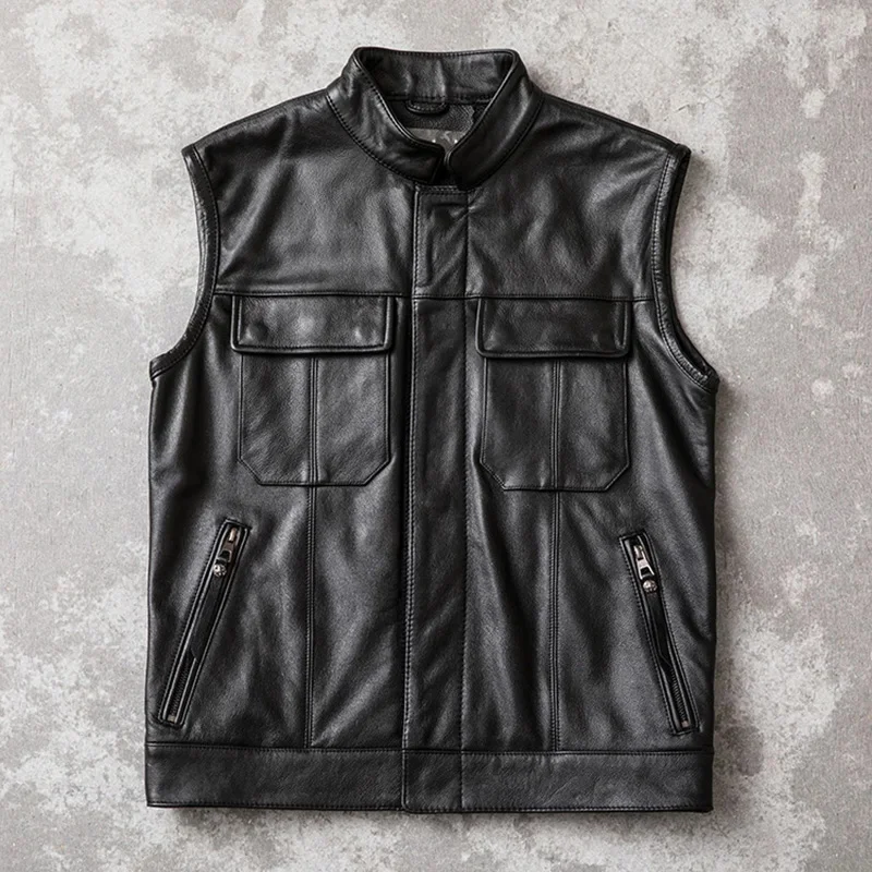 Motorcycle Biker Vest Men Genuine Cow Leather Sleeveless Jackets 100% REAL Cowhide Stand Collar Waistcoat Outwear