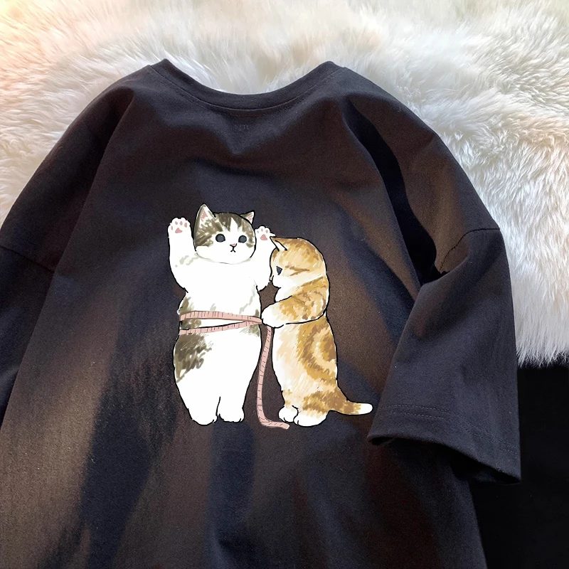 

2025: мужская летняя футболка с короткими рукавами и милым кошачьим принтом из чистого хлопка, модная брендовая свободная футболка для пар, топ