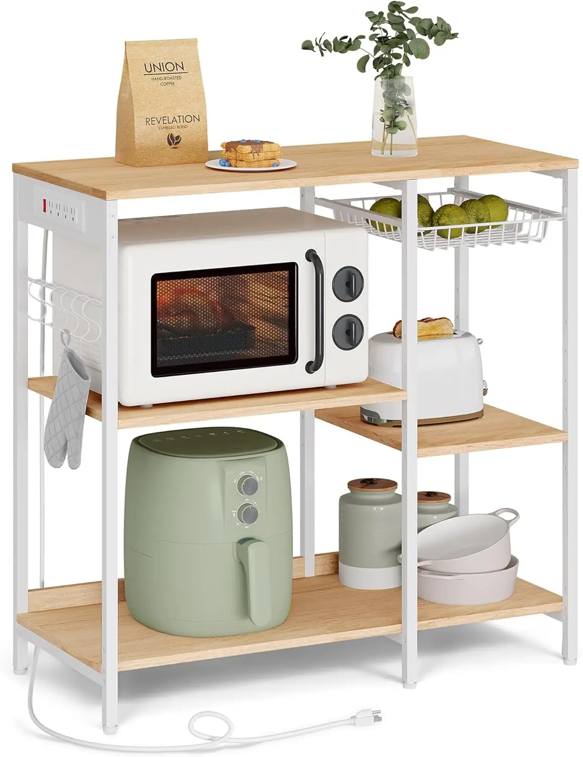 Baker's Rack with Charging Station, 35.6in Tall Coffee Bar Stand with Storage Shelves and Pull-Out Basket for Kitchen, Oak Beige