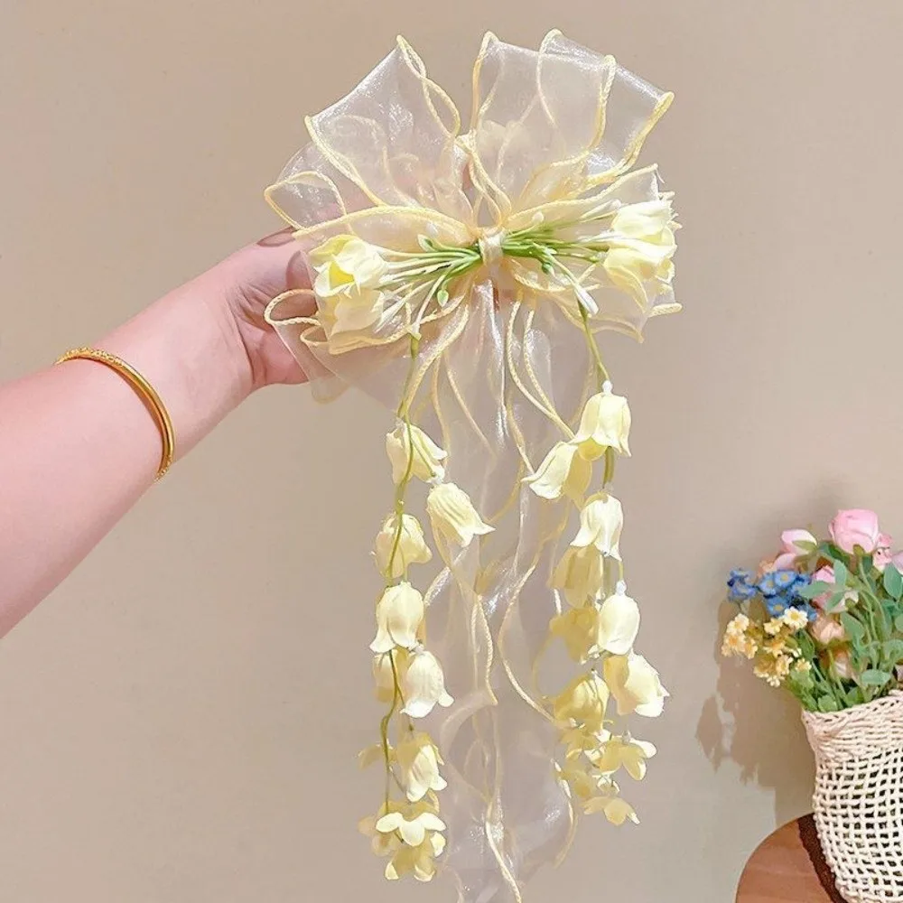 Women Sheer Organza Ribbon Bow Hair Scrunchies Long Streamer Fresh Hair Accessory Elegant Floral Tassel Hair Rope Photoshoot