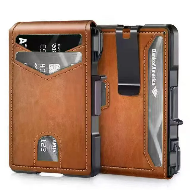 PU Leather Money Clip for Business Travel Daily Carry Men's RFID Blocking Card Holder Wallet Slim Metal Pop Up Credit Card Case