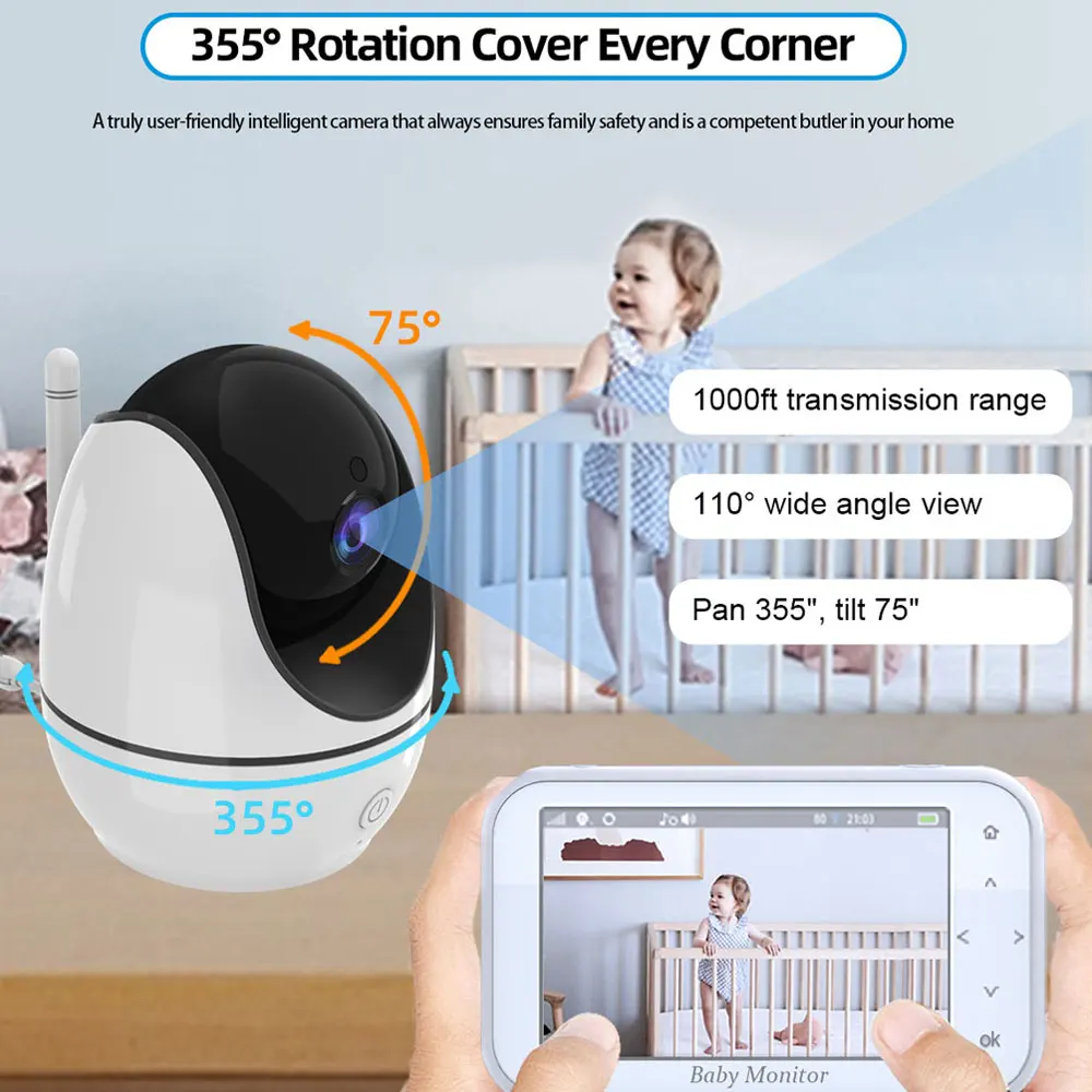 720p 4.3 Inch Baby Monitor With 1MP PTZ Camera 2-Way Audio Security Wireless Screen With 24H Battery Video Intercom Night Vision