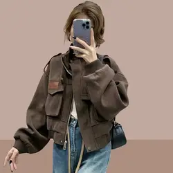 Green Sheepskin Coat for Women 2024 Baseball Clothes Korean Streetwear Y2k Jacket Woman Short Spring Crop Clothing Bomber Autumn