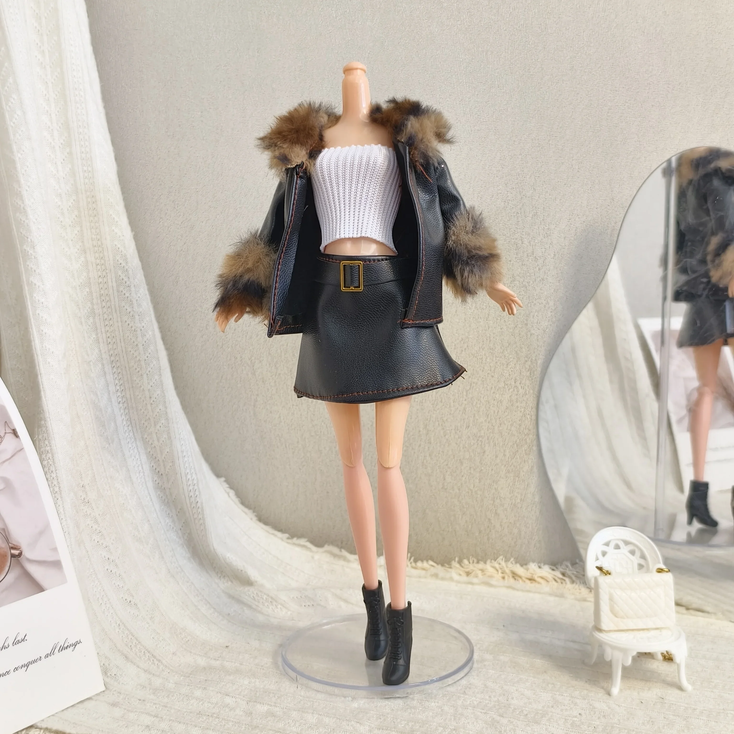 New style Toy doll accessories Winter Fashion Leopard-print Fur Jacket+Short Skirt+Shoes Clothes Set for BB FR 1/6 scale dolls