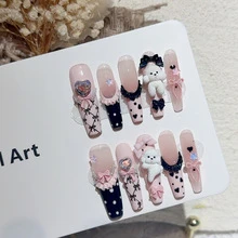 

10Pcs Long Stiletto Ellipse Fake Nails Bowknot Bear Rhine Stone 3D Flower Diamond Decoration Wearable Artificial Press On Nails